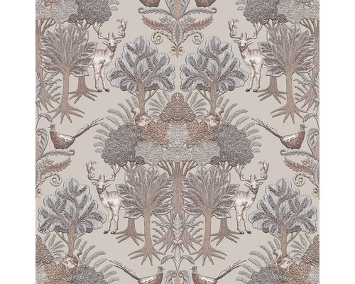 Vliestapete TP422302 Tapestry Wald und Tiere grau braun Tapete mit Bäumen, Hirschen und Fasanen im Waldmuster