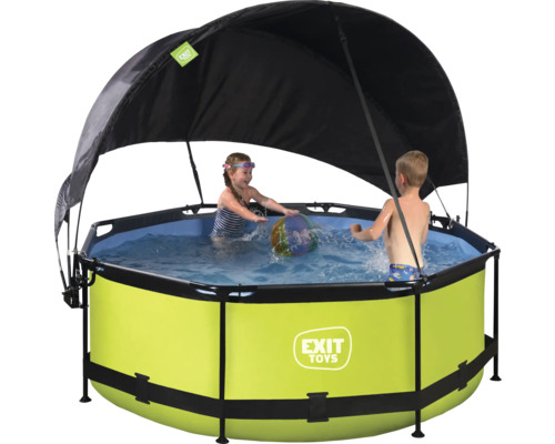 Gartenpool mit Sonnenschutzdach, Kinder beim Spielen im Wasser, Exit Toys Logo