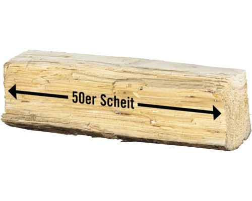 Ein Holzscheit mit der Aufschrift 50er Scheit.