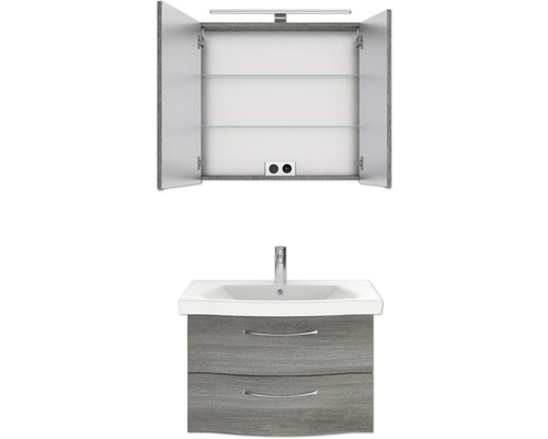 Waschtischunterschrank mit Waschbecken und Spiegelschrank mit Regalböden und Steckdosen für das Badezimmer