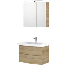 Badmöbel-Set Pelipal Sunline 114 BxHxT 82 x 200 x 46 cm Frontfarbe eiche riviera Badmöbelset 3-teilig mit Waschtisch Keramik weiß und Waschtischunterschrank Spiegelschrank mit LED-Beleuchtung