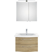 Badmöbel-Set Pelipal Sunline 114 BxHxT 82 x 200 x 46 cm Frontfarbe eiche riviera Badmöbelset 3-teilig mit Waschtisch Keramik weiß und Waschtischunterschrank Spiegelschrank mit LED-Beleuchtung