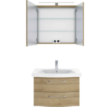 Badmöbel-Set Pelipal Sunline 114 BxHxT 82 x 200 x 46 cm Frontfarbe eiche riviera Badmöbelset 3-teilig mit Waschtisch Keramik weiß und Waschtischunterschrank Spiegelschrank mit LED-Beleuchtung