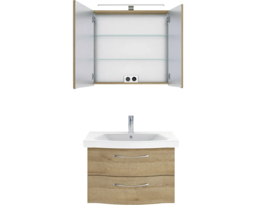 Badezimmermöbel-Set mit Waschbeckenunterschrank, Spiegelschrank, zwei Schubladen und Beleuchtung