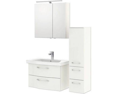 Badezimmerset mit Waschtischunterschrank, Spiegelschrank und Hochschrank