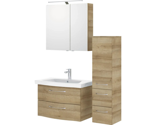 Badezimmerset mit Waschtischunterschrank, Spiegelschrank und Hochschrank