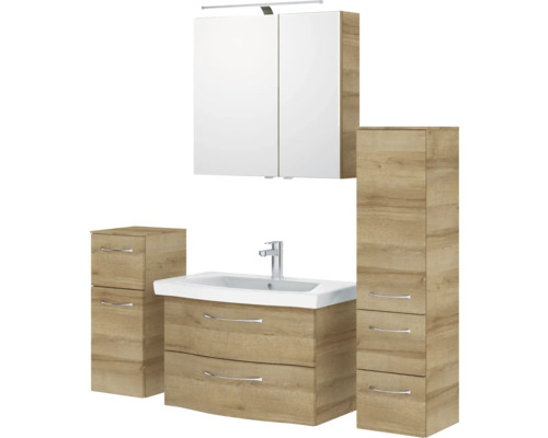 Badezimmermöbelset mit Waschtisch, Waschbecken, Spiegelschrank und Seitenschränken