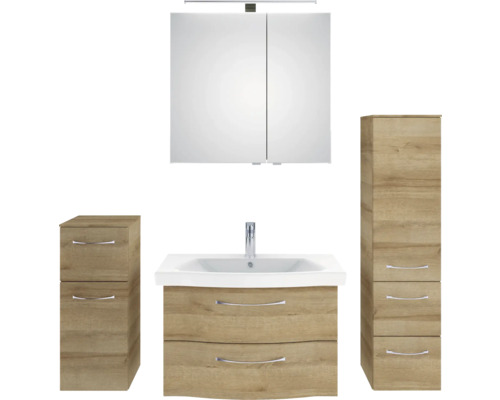 Komplette Badezimmereinrichtung mit Waschbeckenunterschrank, Spiegelschrank und Seitenschränken