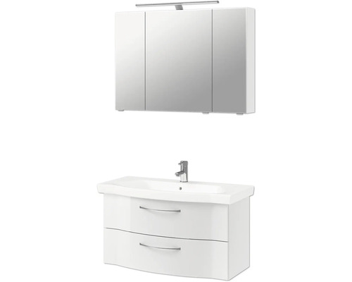 Badezimmer Waschbeckenunterschrank mit zwei Schubladen, Waschtisch und Spiegelschrank mit drei Türen und Lampe