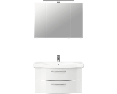 Waschbeckenunterschrank mit zwei Schubladen, Aufsatzwaschbecken und Spiegelschrank mit Beleuchtung für das Badezimmer