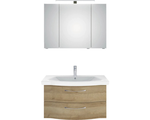 Waschtisch mit zwei Schubladen, Waschbecken, Spiegelschrank und Lampe für das Badezimmer