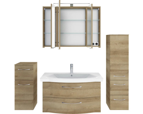 Badezimmerensemble mit Waschtisch, Spiegelschrank und Hochschränken