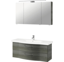Badmöbel-Set Pelipal Sunline 114 BxHxT 122 x 200 x 51,5 cm Frontfarbe graphit struktur quer Badmöbelset 3-teilig mit Waschtisch Keramik weiß und Waschtischunterschrank Spiegelschrank mit LED-Beleuchtung
