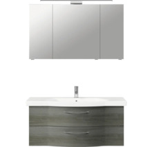 Badmöbel-Set Pelipal Sunline 114 BxHxT 122 x 200 x 51,5 cm Frontfarbe graphit struktur quer Badmöbelset 3-teilig mit Waschtisch Keramik weiß und Waschtischunterschrank Spiegelschrank mit LED-Beleuchtung