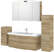 Badezimmermöbelset mit Waschtisch, Waschbecken, Spiegelschrank und Seitenschränken im Holzdekor