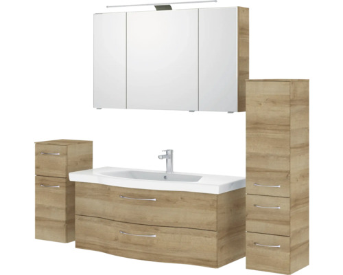 Badezimmermöbelset mit Waschtisch, Waschbecken, Spiegelschrank und Seitenschränken im Holzdekor