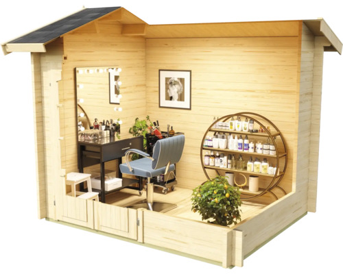 Holzgartenhaus mit Friseureinrichtung, inklusive Friseurstuhl, Spiegel mit Beleuchtung und Regal