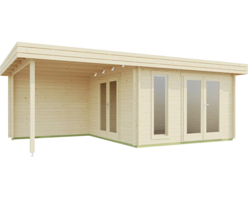 Holzgartenhaus mit überdachter Veranda und Fenstern