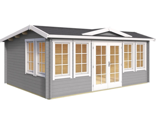 Graues Gartenhaus mit Fenstern und Doppeltür