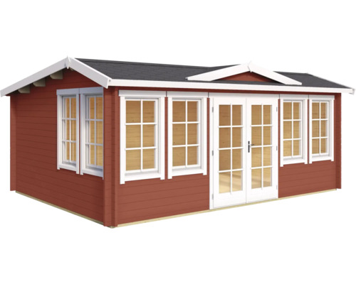 Gartenhaus aus Holz mit Fenstern und Doppeltür
