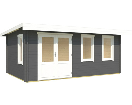 Graues Gartenhaus mit weißen Fenstern und Türen