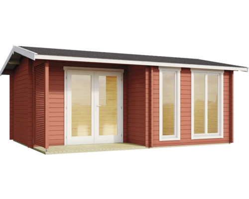 Blockbohlenhaus mit Doppeltür und Fenstern