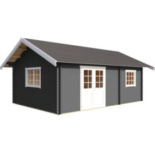 Blockbohlenhaus mit Fenstern und Doppeltür