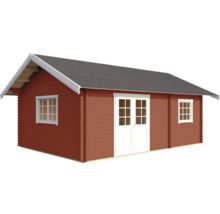 Rotes Gartenhaus mit zwei Fenstern und Doppeltür