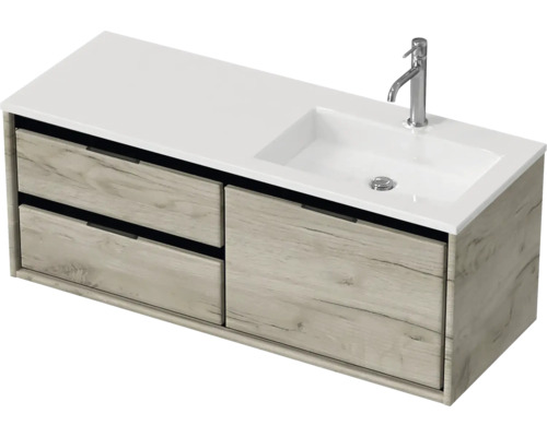 Badmöbel-Set Sanox Loft BxHxT 120,5 (60/60)) x 47 x 45,5 cm Frontfarbe craft oak 2-teilig mit Waschtisch Mineralguss Becken rechts weiß matt Waschtischunterschrank mit Waschbecken und zwei Schubladen im Holzdekor