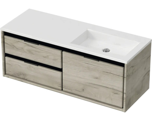 Badmöbel-Set Sanox Loft BxHxT 120,5 (60/60)) x 47 x 45,5 cm Frontfarbe craft oak 2-teilig mit Waschtisch Mineralguss Becken rechts weiß matt ohne Hahnloch Waschtischunterschrank mit Auszügen und eingelassenem Waschbecken
