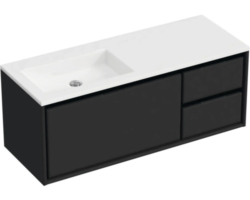 Badmöbel-Set Sanox Loft BxHxT 120,5 (85/35) x 47 x 45,5 cm Frontfarbe schwarz matt 2-teilig mit Waschtisch Mineralguss Becken links weiß matt ohne Hahnloch Waschtischunterschrank mit Schubladen und Waschtisch