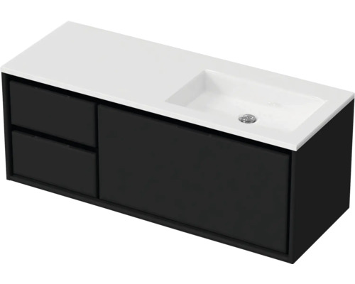 Badmöbel-Set Sanox Loft BxHxT 120,5 (35/85) x 47 x 45,5 cm Frontfarbe schwarz matt 2-teilig mit Waschtisch Mineralguss Becken rechts weiß matt ohne Hahnloch Waschtischunterschrank mit zwei Schubladen und einem Waschbecken