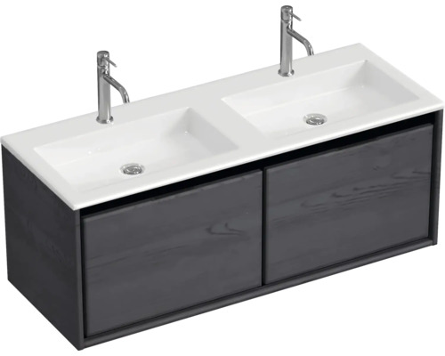 Doppelwaschtisch mit Unterschrank und zwei Armaturen