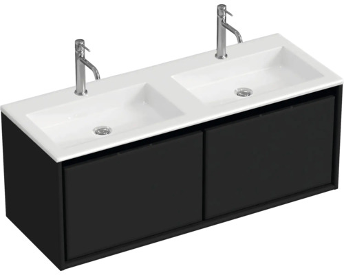 Waschtischunterschrank mit Doppelwaschbecken und zwei Armaturen
