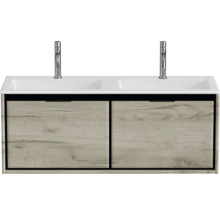 Waschtisch mit zwei Waschbecken und Unterschrank mit Holzoptik