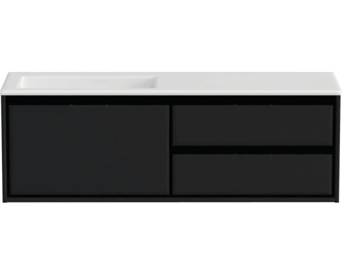 Badmöbel-Set Sanox Loft BxHxT 140,5 x 47 x 45,5 cm Frontfarbe schwarz matt 2-teilig mit Waschtisch Mineralguss Becken links ohne Hahnloch