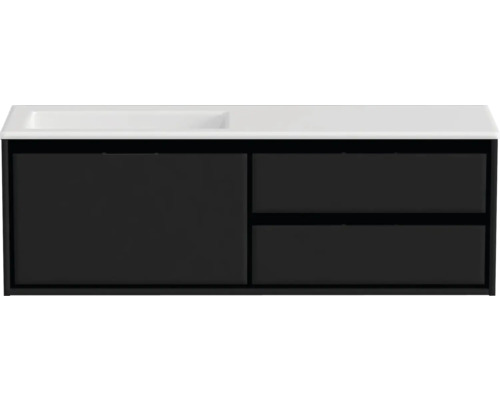 Badmöbel-Set Sanox Loft BxHxT 140,5 x 47 x 45,5 cm Frontfarbe schwarz matt 2-teilig mit Waschtisch Mineralguss Becken links weiß matt ohne Hahnloch