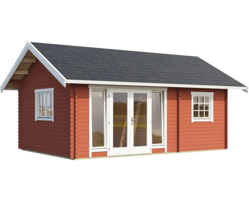 Rotes Gartenhaus mit Fenstern und Doppeltür