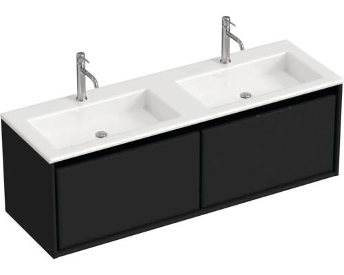 Badmöbel-Set Sanox Loft BxHxT 140,5 x 47 x 45,5 cm Frontfarbe schwarz matt 2-teilig mit Doppelwaschtisch Mineralguss