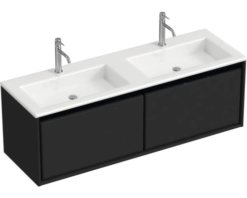 Badmöbel-Set Sanox Loft BxHxT 140,5 x 47 x 45,5 cm Frontfarbe schwarz matt 2-teilig mit Doppelwaschtisch Mineralguss weiß matt