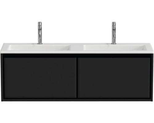 Waschtischunterschrank mit zwei Waschbecken und zwei Armaturen