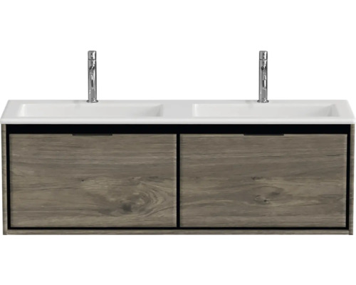 Waschtischunterschrank mit zwei Waschbecken und Holzoptik