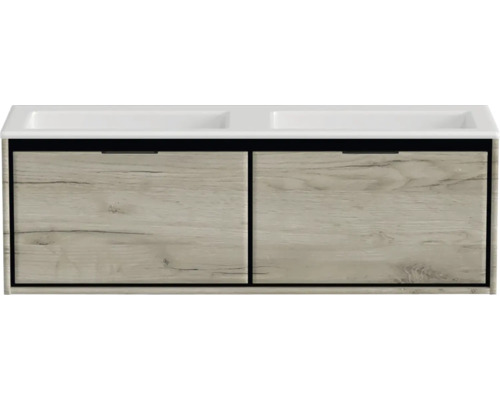 Badmöbel-Set Sanox Loft BxHxT 140,5 x 47 x 45,5 cm Frontfarbe craft oak 2-teilig mit Doppelwaschtisch Mineralguss weiß matt ohne Hahnloch