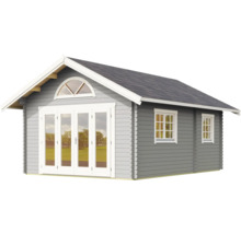Gartenhaus aus Holz mit Fenstern und Doppeltür