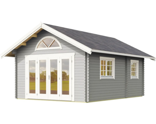 Gartenhaus aus Holz mit Fenstern und Doppeltür