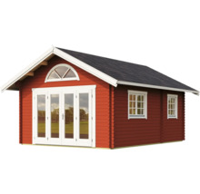 Rotes Gartenhaus mit Fenstern und Doppeltür