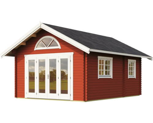 Rotes Gartenhaus mit Fenstern und Doppeltür