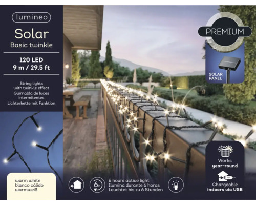 Lumineo Solar Basic Twinkle Lichterkette mit 120 LEDs und einer Länge von 9 Metern zur Dekoration für den Außenbereich