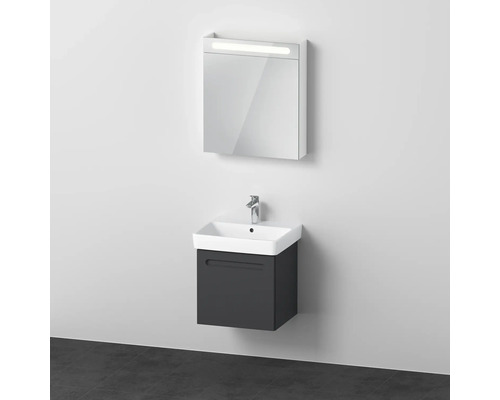 Badmöbel-Set DURAVIT No.1 BxHxT 55 x 200 x 45 cm Frontfarbe graphit mit Waschtisch weiß und Waschtischunterschrank Türanschlag links Spiegelschrank mit LED-Beleuchtung N10153L49490000 Badezimmer-Szene mit Waschbeckenunterschrank, Aufsatzwaschbecken und Spiegelschrank mit Beleuchtung