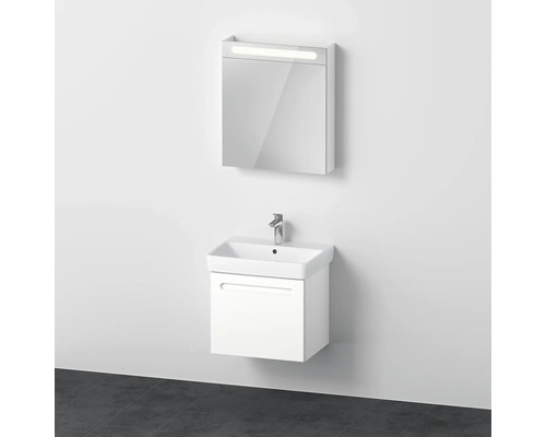 Badmöbel-Set DURAVIT No.1 BxHxT 60 x 200 x 45 cm Frontfarbe weiß mit Waschtisch weiß und Waschtischunterschrank Spiegelschrank links mit LED-Beleuchtung N10155L18180000 Waschtisch mit Unterschrank und Spiegelschrank mit Beleuchtung an einer Wand montiert